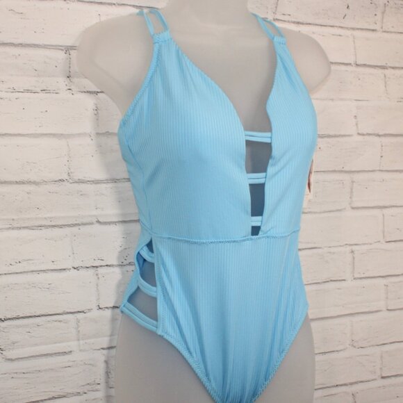 Jessica Simpson Sky Blue Double-Strap Plunge-Neck One-Piece Swimsuit Size Large - Picture 2 of 6